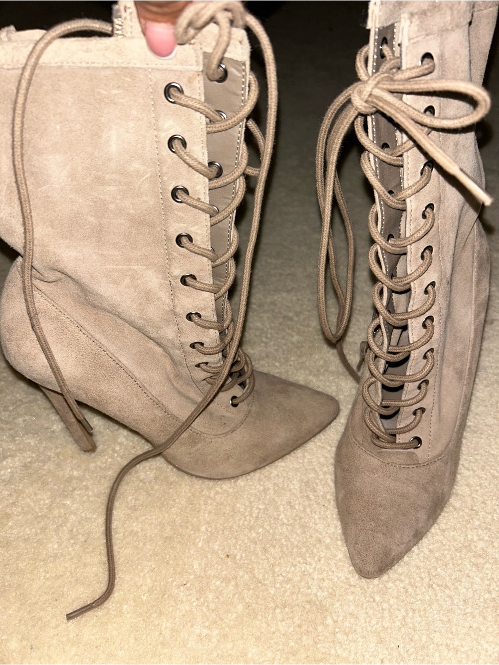 Steve Madden Lace-Up Pointed-Toe Suede High-Heel Boots in Taupe